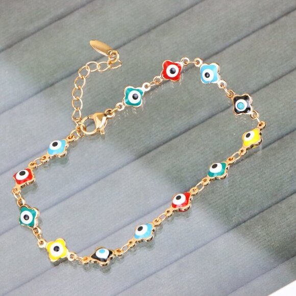 "Rose Gold Evil Eye Anklet with Multicolor Charms, XPAL1074 - Picture 1 of 13